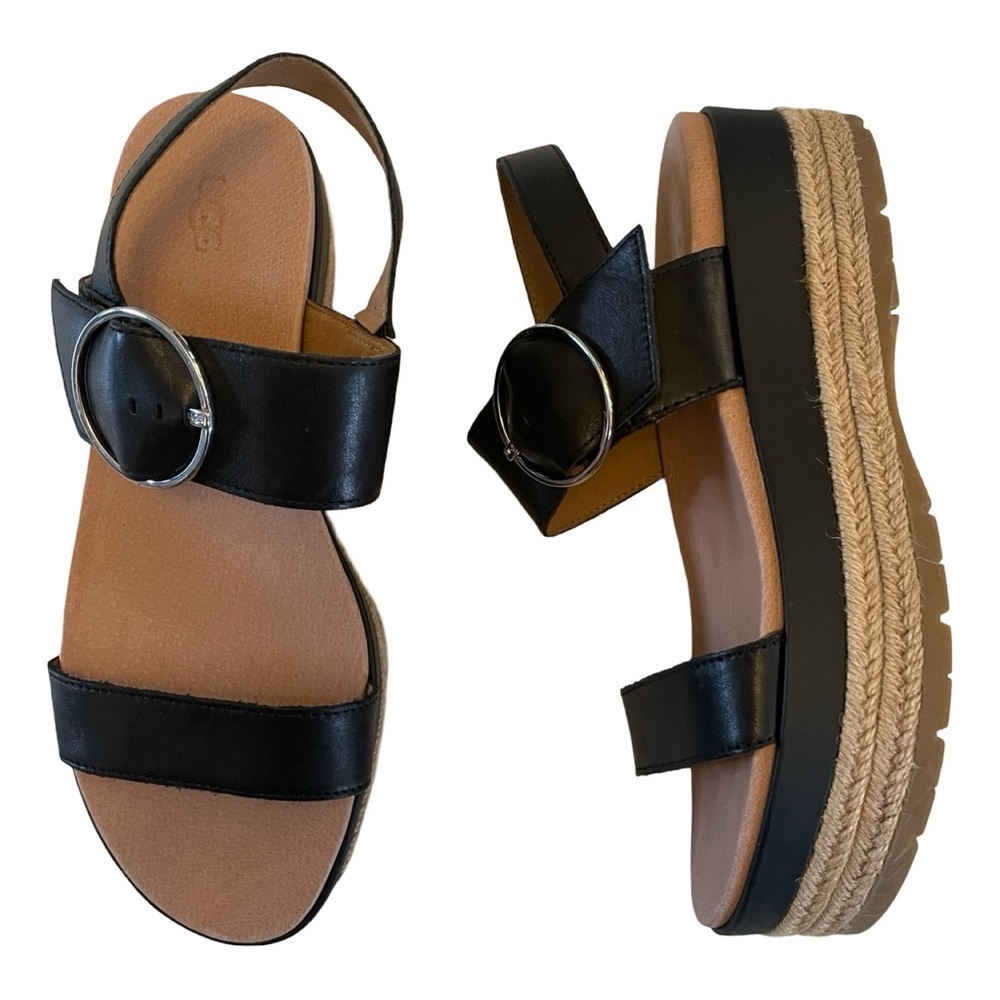 UGG Womens April Black Leather Espadrille Wedge Platform Strappy Sandals 10